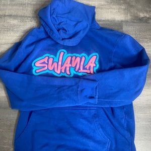 Swayla merchandise, blue sweatshirt.